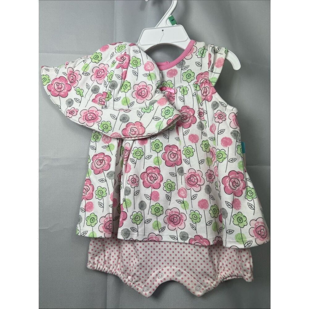 Offspring Pink & Green Floral Baby Dress with Hat NWT